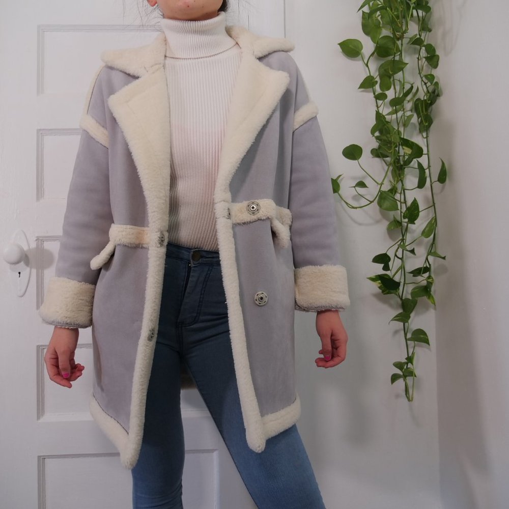 Colorblock pastel blue faux fur coat. Size: US S/XS  Very soft and warm